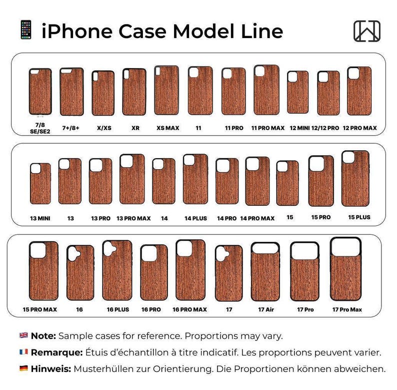 a series of iPhone case models, each with a different size and design, ranging from 7 to 17 inches in height. The cases are arranged in a line, providing a visual representation of the available options for iPhone users.