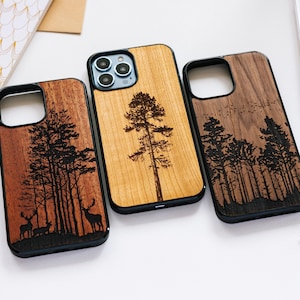 Wood Case iPhone Wild Forest  | Engraved Wooden Phone Cover Case 16, 15, 14, 13, 12, 11, X, SE, 8 | iPhone Pro max, Plus, Pro and SE cases