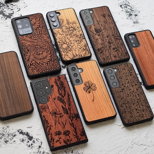 Flores silvestres - Funda de madera para Samsung S24, S23, S22, S21, S20, S10 / Galaxy S Ultra, Plus y FE / Rama de olivo / Girasol
