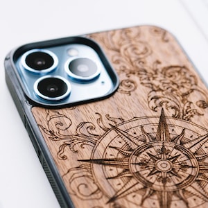 Travel Compass | Real engraved wood case for iPhone 16, 15, 14, 13, 12, 11, XS, X | Magsafe Upgrade available | Pro max, Plus, Pro and SE