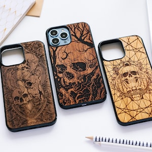 Engraved Skull | Real Wood case for iPhone 17, 16, 15, 14, 13, 12, 11, X, SE, 8 | Pro max, Plus, Pro, SE | Protective, Artistic, Premium