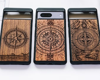 Travel Compass - Wood Case for Google Pixel 9, 9 Pro, 9 Pro XL | 8, 8 Pro, 8a | 7, 7 Pro, 7a | 6, 6 Pro, 6a | 5, 5A 5G | 4, 4 XL, 4A