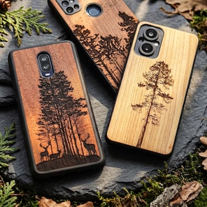 Funda de madera grabada con láser para OnePlus / Diseño de silueta de fauna silvestre del bosque