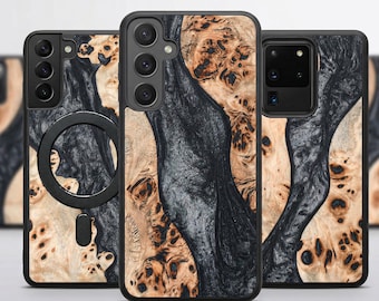 May include: A collection of phone cases with a natural wood grain design. The cases feature a mix of light brown, dark brown, and black colors, creating a unique and organic aesthetic. The cases are designed to fit various phone models.
