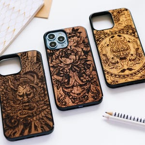 Japanese Hannya Masks | Real Wood case with Magsafe Upgrade for iPhone 17, 16, 15, 14, 13, 12, 11, X, XS | iPhone Pro max, Plus, Pro and SE