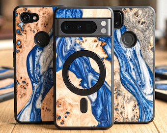 Google Pixel Holzgehäuse Blau Resin | Passend für Pixel 10 9 8 7 6 FOLD | Küsten Wurzelholz Deckel | MagSafe Kompatibel | Einzigartiges handgefertigtes Geschenk