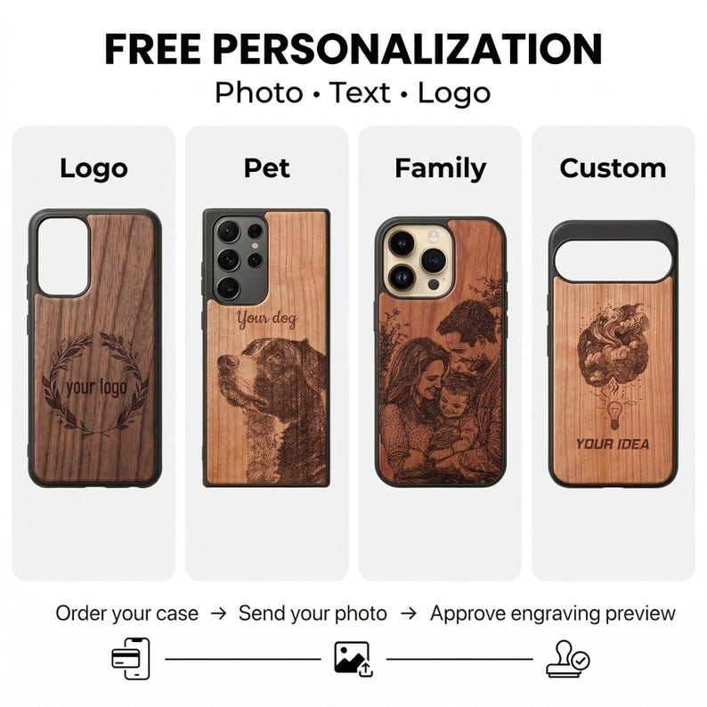 Puede incluir: Fundas de tel&eacute;fono de madera con opciones de grabado personalizadas. La imagen muestra ejemplos con un logotipo, un retrato de mascota, una foto familiar y un dise&ntilde;o personalizado. El texto de la imagen dice "PERSONALIZACI&Oacute;N GRATUITA Foto Texto Logotipo".