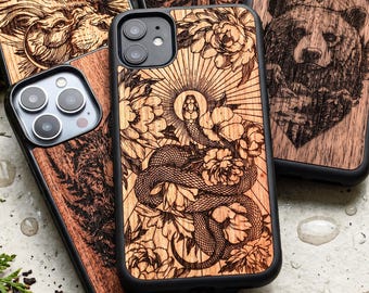 Engraved Wildlife | Real Wood Case with Magsafe Upgrade for iPhone | Fits 17, 16, 15, 14, 13, 12, 11, XS, X | Pro Max, Plus, Pro, SE
