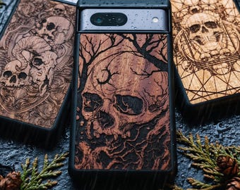 Engraved Gothic Skull – Real Wood Google Pixel Case | Fits 10, 9, 7, 6, 5 and more | Pro XL, Fold, -a series
