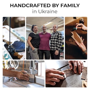Puede incluir: Un collage de im&aacute;genes que muestran el proceso artesanal. El texto "HANDCRAFTED BY FAMILY in Ukraine" est&aacute; en la parte superior. Las im&aacute;genes incluyen verter l&iacute;quido oscuro, tres personas posando, aplicar un acabado, cortar madera y tallado detallado en madera.