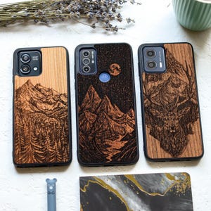 Montañas - Funda de madera auténtica para Motorola: compatible con Moto G Stylus 5G, Moto G14, Moto G24, Moto G54, Moto Edge Fusion, Moto G73, Moto G Play y más.
