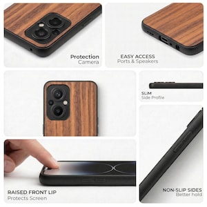 The image is a collage of photos showcasing a wooden-textured phone case with various features, including a raised front lip, a camera, and ports and speakers.