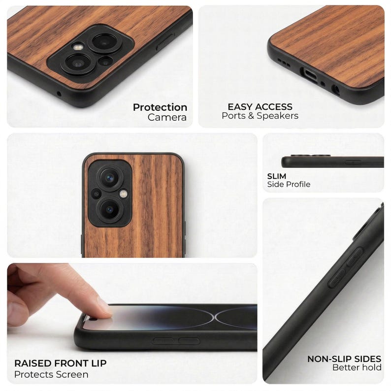 The image is a collage of photos showcasing a wooden-textured phone case with various features, including a raised front lip, a camera, and ports and speakers.