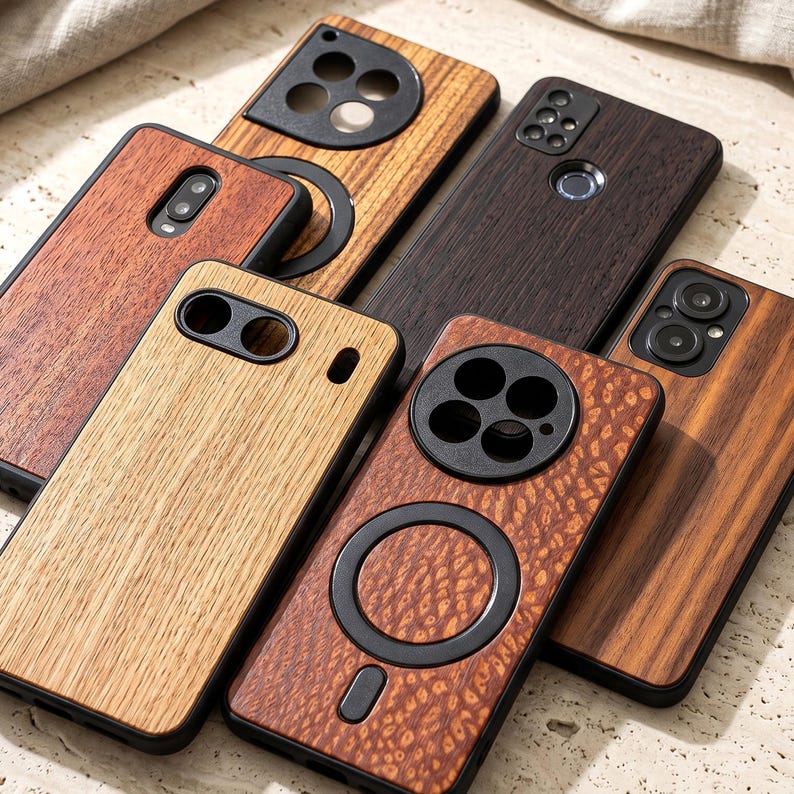 May include: A collection of wooden phone cases in various shades of brown, featuring black accents around the camera cutouts and edges. The cases showcase different wood grain patterns and textures, offering a natural and stylish look for mobile devices.