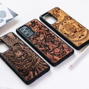 Máscara japonesa - Funda de madera auténtica para Samsung Serie A: A16, A06/A55, A35, A25, A15/A54, A34, A24, A14/A52, A32, A12/A51, A41 y más
