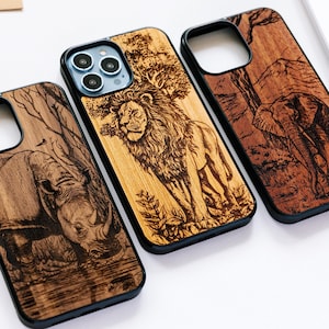 Rhino, Lion, Elephant | Engraved real wood case for iPhone 16, 15, 14, 13, 12, 11, XS, X, 8, 7 | iPhone Pro max, Plus, Pro and SE cases