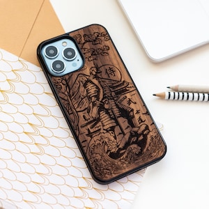 Japanese Samurai | Real engraved wood case for iPhone 17, 16, 15, 14, 13, 12, 11, X, XS | Magsafe upgrade available | Pro max, Plus, Pro
