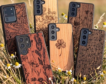 Wildflowers - houten hoesje voor Samsung S24,S23, S22, S21, S20, S10 |  Galaxy S Ultra-, Plus- en FE-hoesjes | Olijftak/zonnebloem