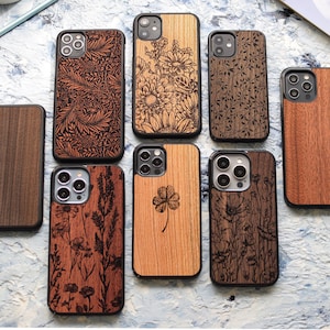 Flores silvestres / Funda de madera auténtica con actualización Magsafe para iPhone 16, 15, 14, 13, 12, 11 / Pro Max, Pro, Plus, SE / Hecha a mano, Nature Inspire