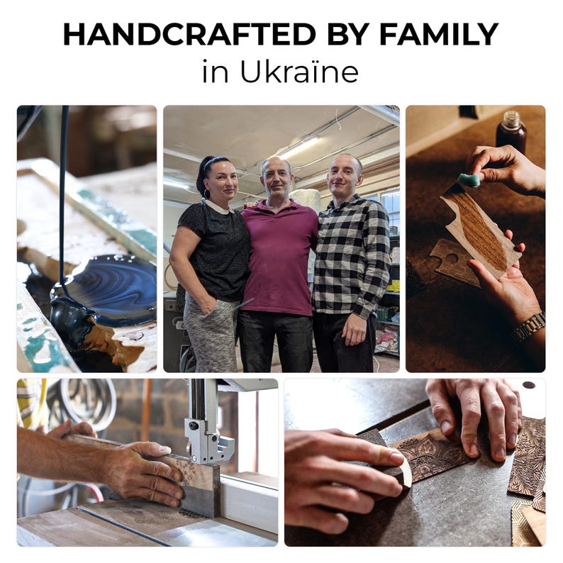 Puede incluir: Un collage de im&aacute;genes que muestran el proceso artesanal. El texto "HANDCRAFTED BY FAMILY in Ukraine" est&aacute; en la parte superior. Las im&aacute;genes incluyen verter l&iacute;quido oscuro, tres personas posando, aplicar un acabado, cortar madera y tallado detallado en madera.