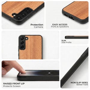 The image is a collage of various views of a wooden phone case, highlighting its features such as protection, easy access ports and speakers, slim side profile, raised front lip, and non-slip sides.