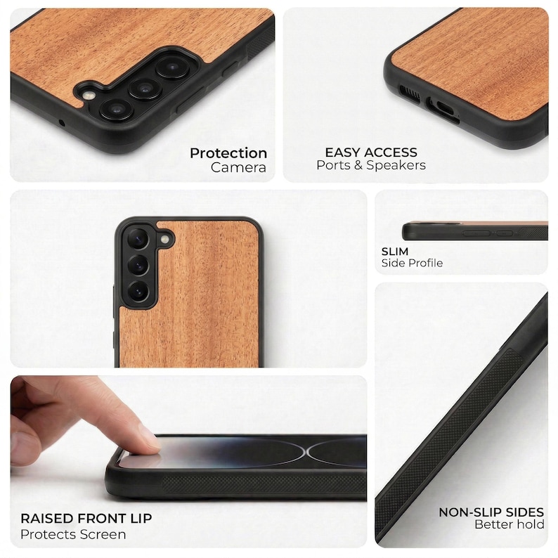 The image is a collage of various views of a wooden phone case, highlighting its features such as protection, easy access ports and speakers, slim side profile, raised front lip, and non-slip sides.