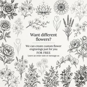 Puede incluir: Dibujos lineales en blanco y negro de varias flores, como rosas, lirios y girasoles. La imagen incluye texto que dice: "&iquest;Quieres flores diferentes? Podemos crear grabados de flores personalizados para ti GRATIS."