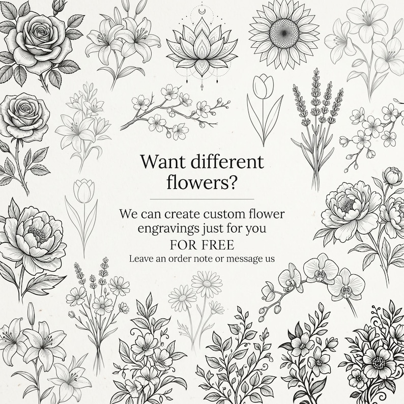 Puede incluir: Dibujos lineales en blanco y negro de varias flores, como rosas, lirios y girasoles. La imagen incluye texto que dice: "&iquest;Quieres flores diferentes? Podemos crear grabados de flores personalizados para ti GRATIS."