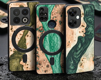 Funda de resina y madera de color verde botánico para OnePlus / OnePlus 15, 13, 12, 10 Pro, Open, Nord 4 / Cubierta magnética verde