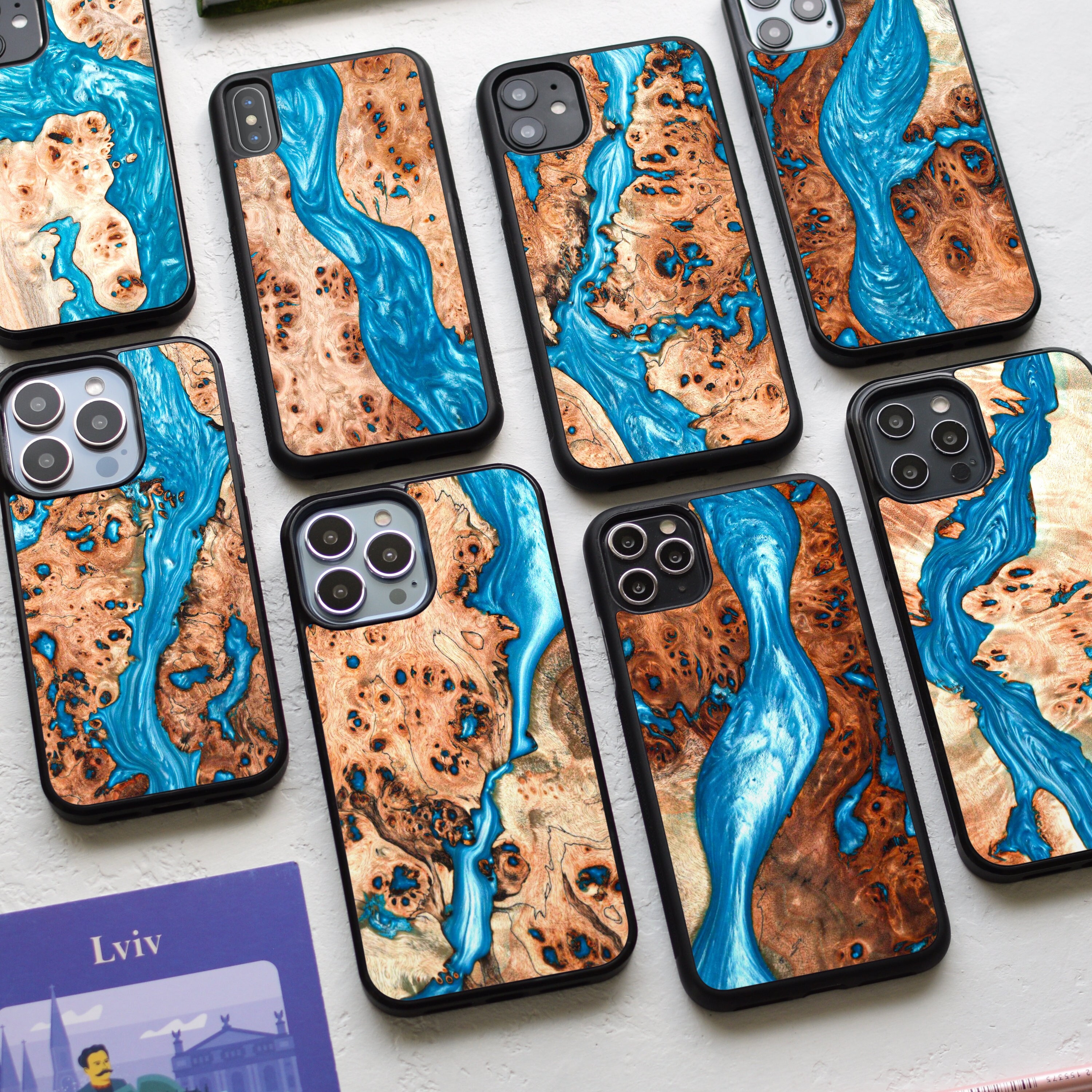 Sky Blue Resin + Real Wood | Handmade Case for iPhone 16, 15 Sky Blue Resin + Real Wood | Handmade Case for iPhone 16, 15