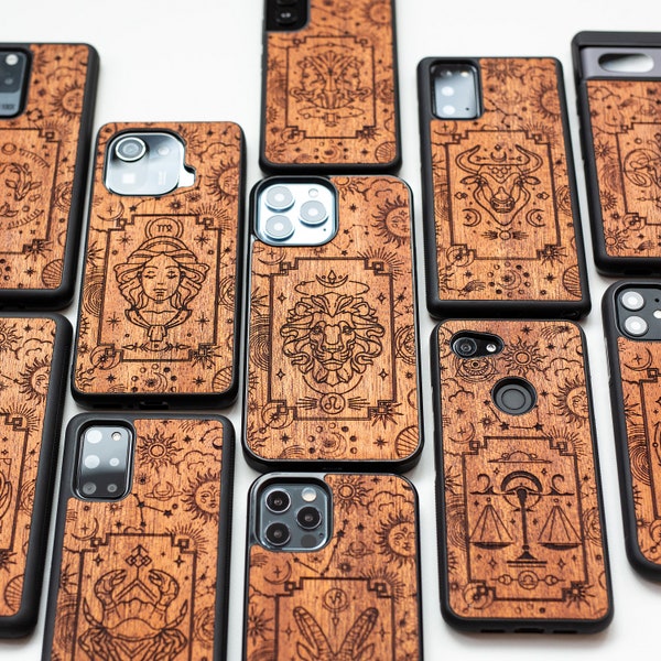 Zodiac signs - wood phone case for iPhone 14, 13, 12, 11 | Samsung Galaxy S23, S22, S21 Ultra / Plus | Google Pixel 7, 7 Pro, 6a, 6 Pro