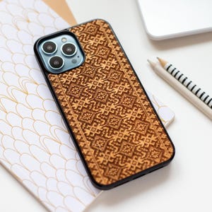 Ukrainian style | Real Wood case for iPhone 17, 16, 15, 14, 13, 12, 11, XS, X, 8, 7 | Include Pro Max, Pro, SE | Magsafe Upgrade available