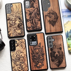 Real engraved wood case for Samsung S25, S24, S23, S22, S21, S20, S10 | Samsung Galaxy S Ultra, Plus and FE cases | Snake Tempter in flowers