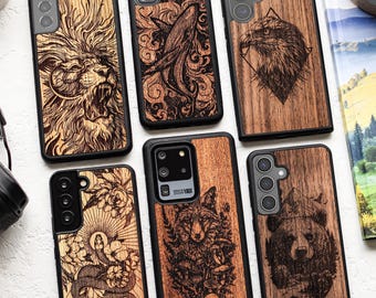 Real engraved wood case for Samsung S25, S24, S23, S22, S21, S20, S10 | Samsung Galaxy S Ultra, Plus and FE cases | Snake Tempter in flowers
