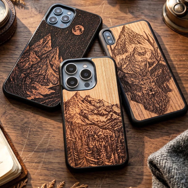 May include: Three wooden phone cases with black edges, each featuring a unique mountain and forest design. One case has a night sky with a moon, another a deer, and the third a mountain range.
