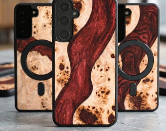 Handmade Wood + Resin Case for Samsung Galaxy | Dark Marble Style | Fits S26, S25, S24, S23, S22, S21, S20 | Ultra, Plus, FE