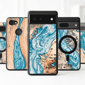 May include: Several black phone cases with a distinctive design. The cases display a wood grain pattern with blue and white swirls. The cases are designed for different phone models.