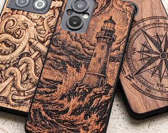 May include: Three phone cases with wood-grain textures and laser-engraved designs. The center case features a lighthouse on a rocky shore with crashing waves. The left case shows an octopus with tentacles, and the right case displays a compass rose.