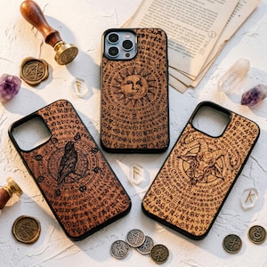Antikes Okkultes | Echt graviertes Holz Case mit Magsafe Upgrade für iPhone 17, 16, 15, 14, 13, 12, 11, X, XS | iPhone Pro Max, Plus, Pro, SE