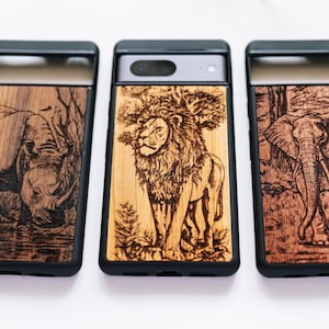 Rhino, Lion, Elephant - Wood Google Pixel Case for Pixel 9, 9 Pro, 9 Pro XL | 8, 8 Pro, 8a | 7, 7 Pro, 7a | 6, 6 Pro, 6a | 5, 5A 5G