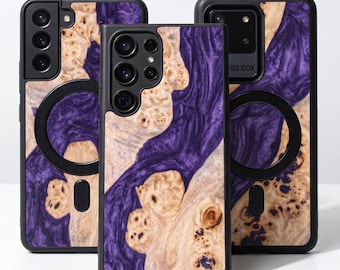 Purple Resin + Real Wood Case for Samsung S series | S26, S25, S24, S23, S22, S21, S20, S10 | Galaxy S Ultra, Plus and FE cases | Magnetic
