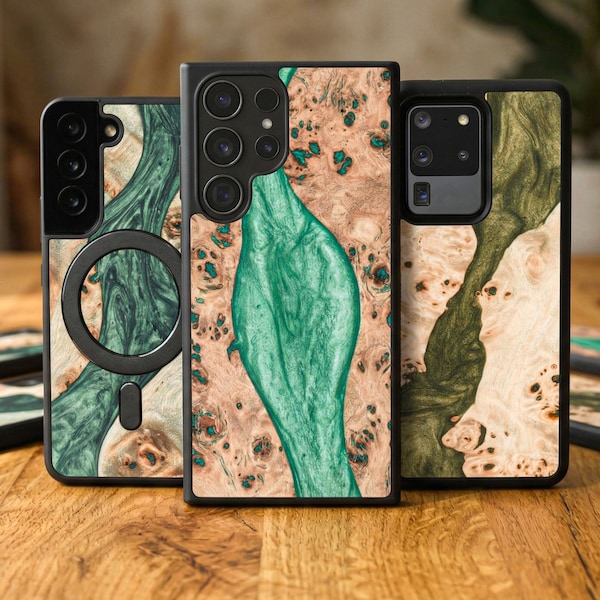 Emerald Green Resin & Wood Case for Samsung S series | S26, S25, S24, S23, S22, Galaxy S Ultra, Plus and FE cases | Magnetic