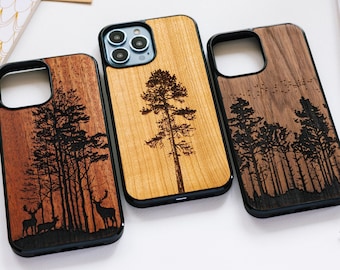 Coque en bois Forêt sauvage pour iPhone | Etui de protection pour téléphone portable en bois gravé 16, 15, 14, 13, 12, 11, X, SE, 8 | iPhone Pro max, Plus, Pro et SE