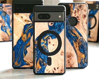 Funda para Pixel de madera auténtica estilo Kintsugi + resina epoxi / Arte en resina dorada con efecto craquelado / Compatible con Pixel 10, 9, 8, 7, 6, 5 / Pro, XL, Fold