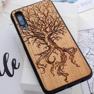 Tree of Life - Étui en bois véritable pour Samsung série A : A16, A06 | A73, A53, A33, A23, A13 | A72, A52, A32, A22, A12 | A51, A41, A31 et plus