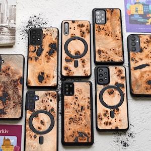 Madera de raíz auténtica / Funda para Samsung Serie A: A16, A06 / A55, A35, A25, A15 / A54, A34, A24, A14, A04 / A73, A53, A33, A23, A13 y más