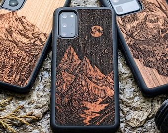 Montañas / Funda de madera auténtica grabada para Samsung / S26, S25, S24, S23, S22, S21, S20, S10 / Ultra, Plus y FE