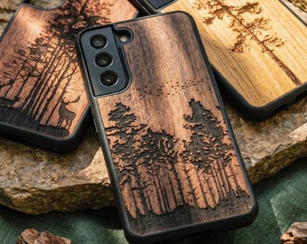 Forest Engraved Wood Samsung Case | Deer, Pine Tree Design | Fits S26, S25, S24, S23, S22, S21, S20, S10 | Ultra, Plus, FE