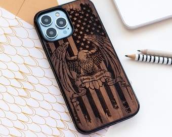 Flag of the U.S | Real engraved wood case with Magsafe Upgrade for iPhone 18, 17, 16, 15, 14, 13, 12, 11  | Pro max, Pro, Plus, mini, SE