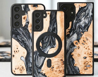 Epoxyhouten telefoonhoesje voor Samsung Galaxy S-serie | Zwart-witte wortelnotenhoutbescherming